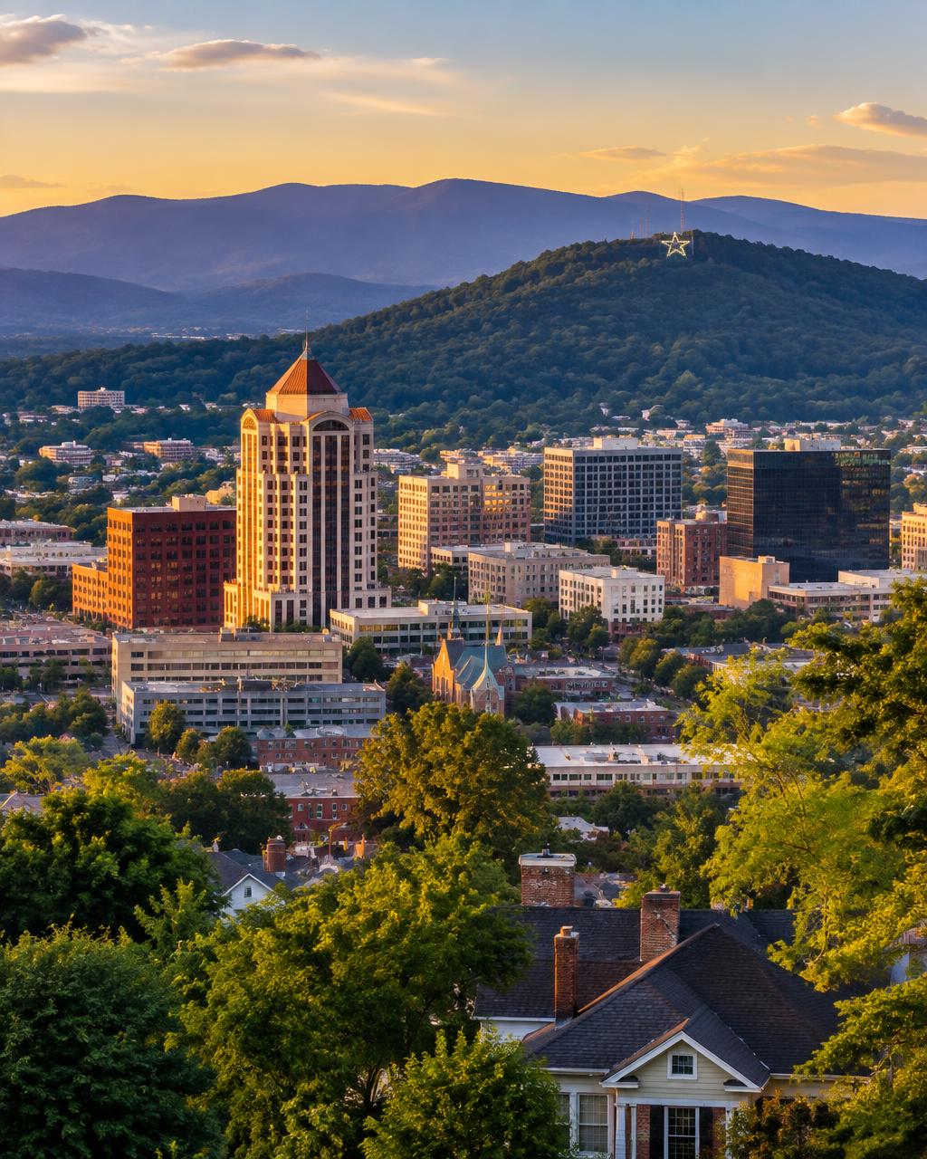 Downtown Roanoke and the Mill Mountain Star with the Blue Ridge Mountains beyond